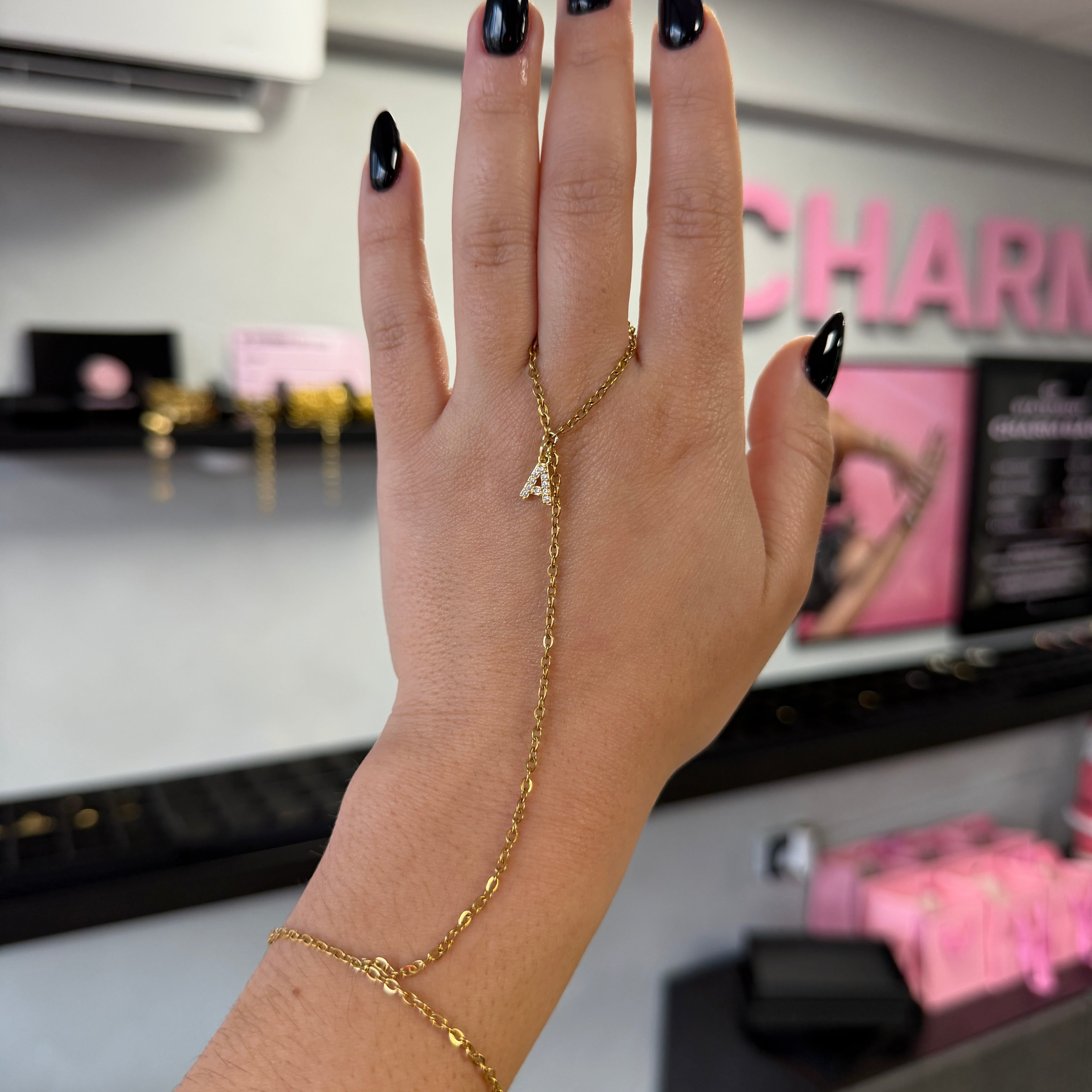 Initial Hand Chain – Stainless Steel Personalized Hand Bracelet with Letter Charm