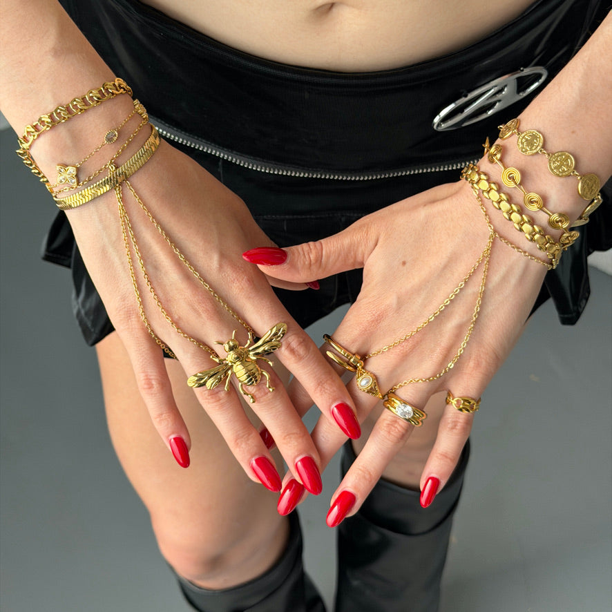 Triple Hand Chain – Gold Stainless Steel Statement Hand Bracelet