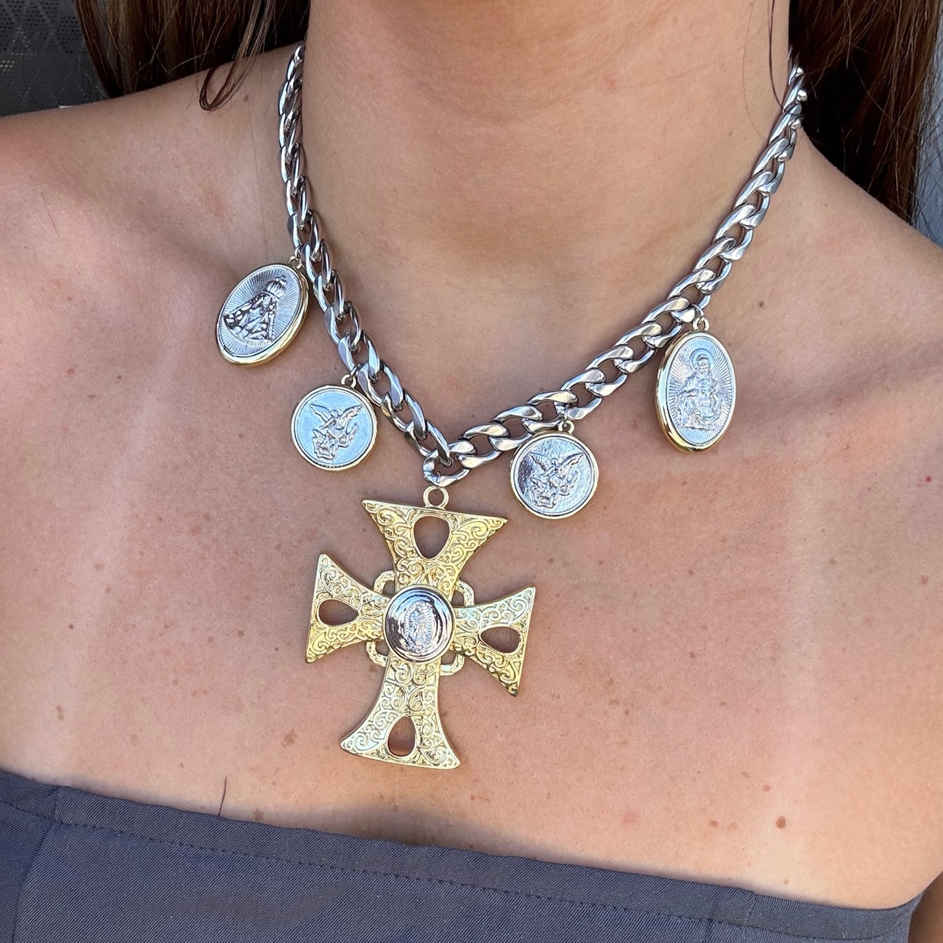 Artemis Necklace – Mixed Metal Coin Cross Statement Necklace