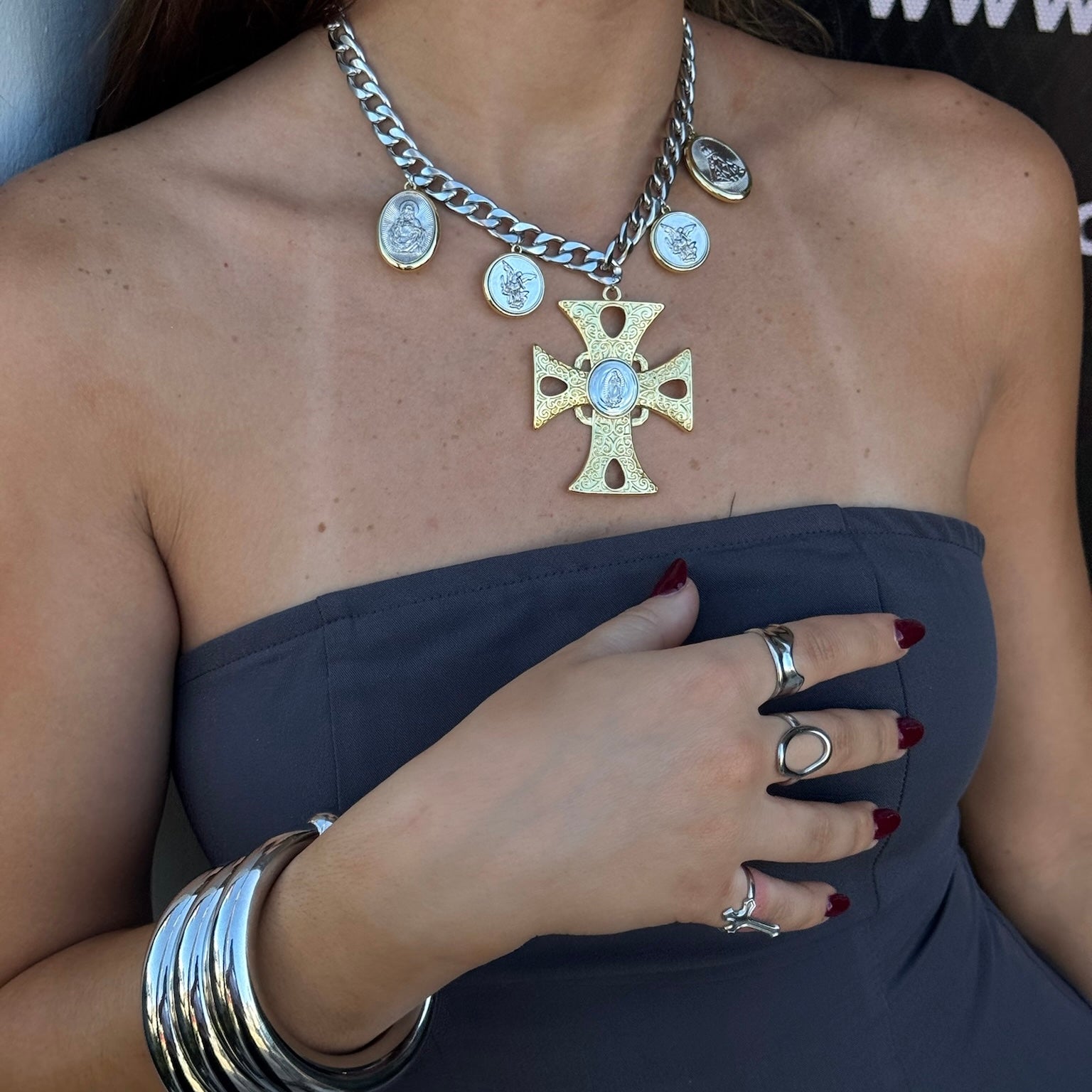 Artemis Necklace – Mixed Metal Coin Cross Statement Necklace