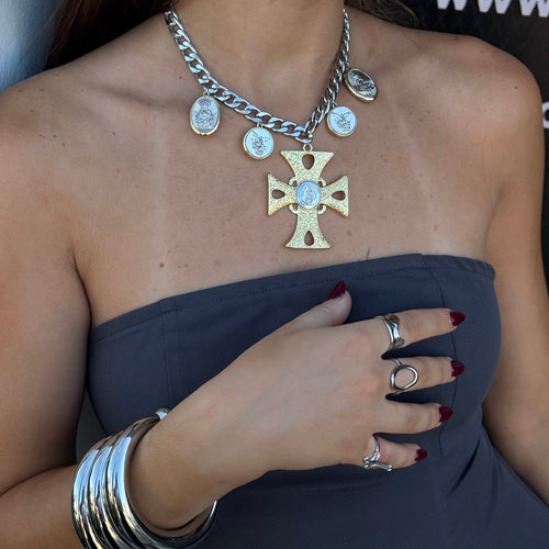 Artemis Necklace – Mixed Metal Coin Cross Statement Necklace
