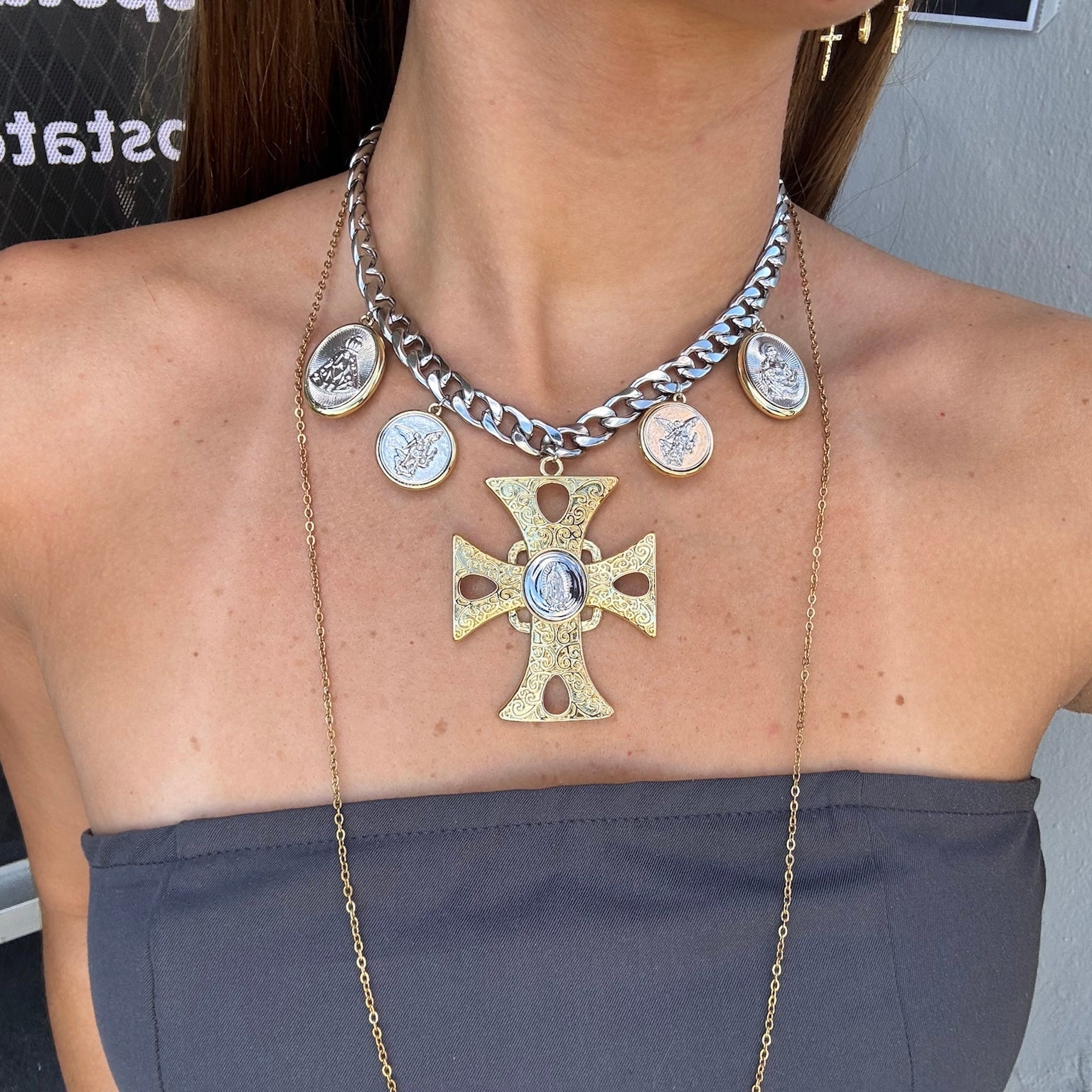 Artemis Necklace – Mixed Metal Coin Cross Statement Necklace