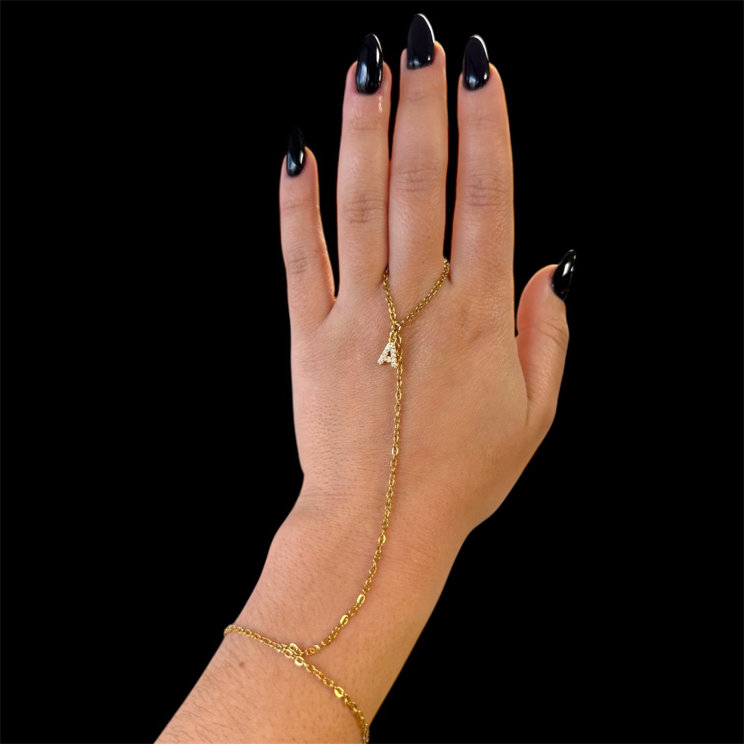 Initial Hand Chain – Stainless Steel Personalized Hand Bracelet with Letter Charm