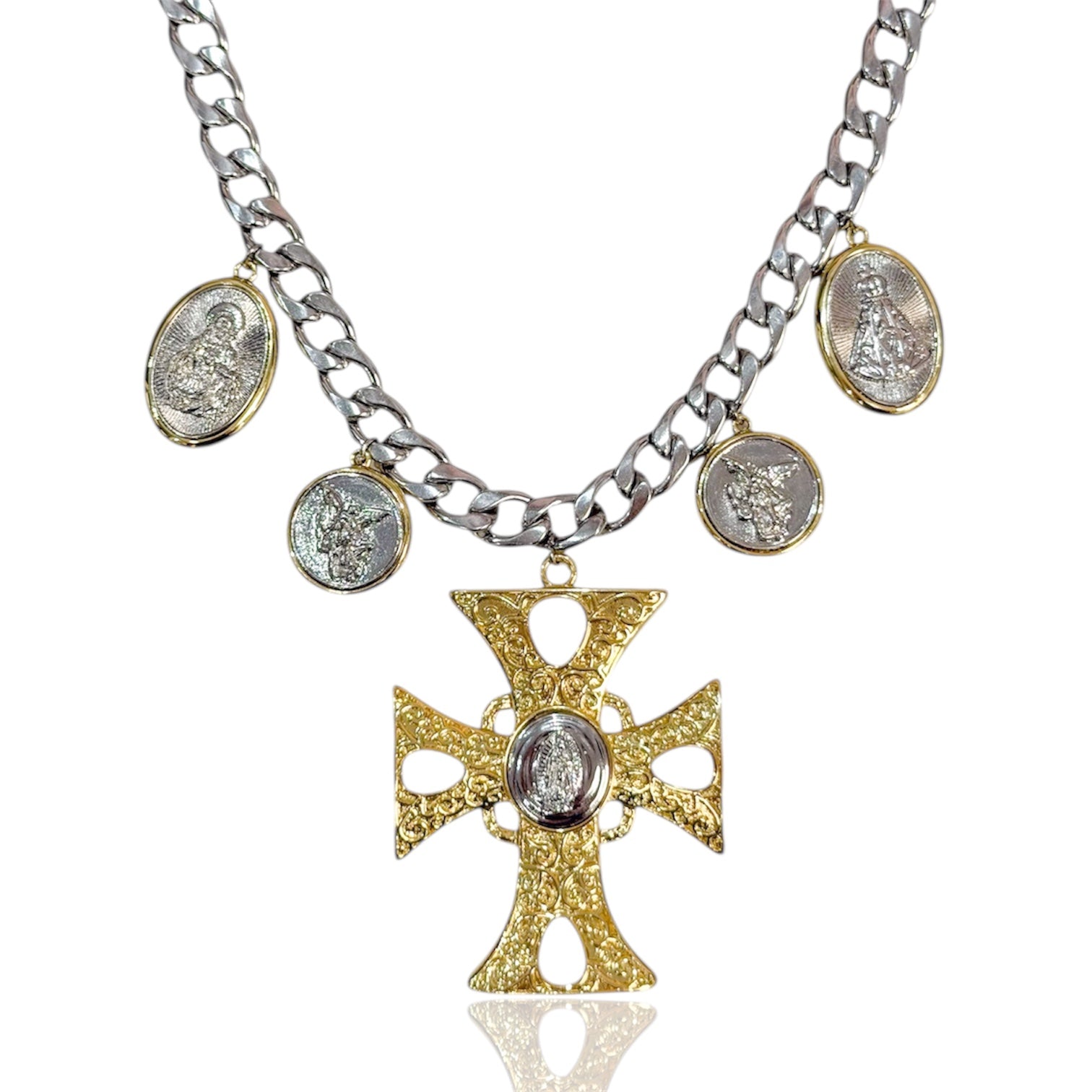 Artemis Necklace – Mixed Metal Coin Cross Statement Necklace
