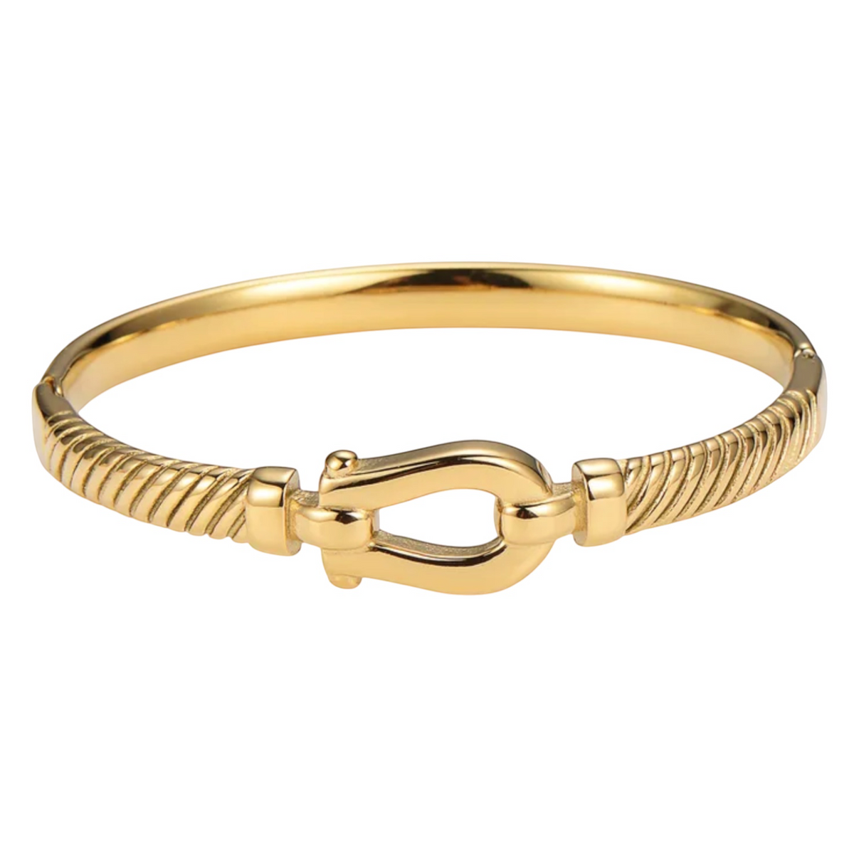 CP STATEMENT gold plated stainless steel belt bangle with a textured twisted design and non-tarnish PVD finish