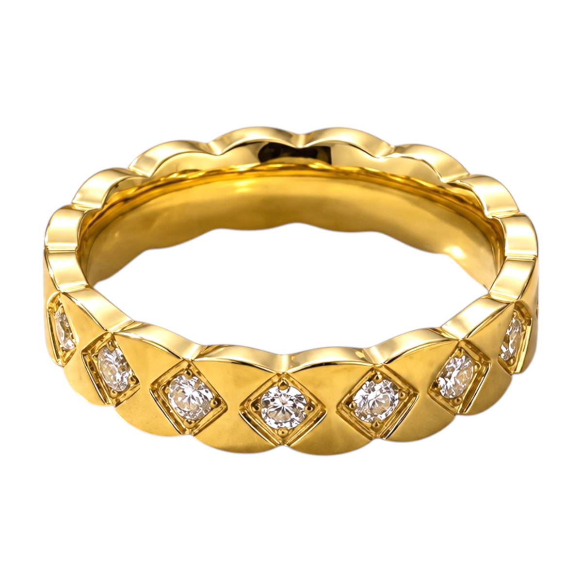 CP STATEMENT gold-tone stainless steel Lara ring featuring a scalloped edge and embedded clear crystals
